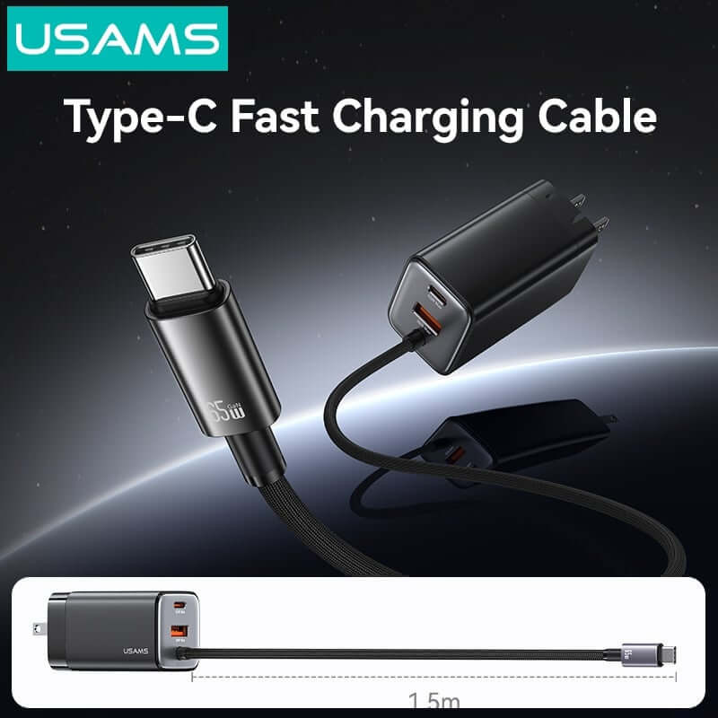 Bộ củ, cáp sạc USAMS CC273 65W GaN ACC 3-port Fast Charger With Type-C Cable (US) – Black + White