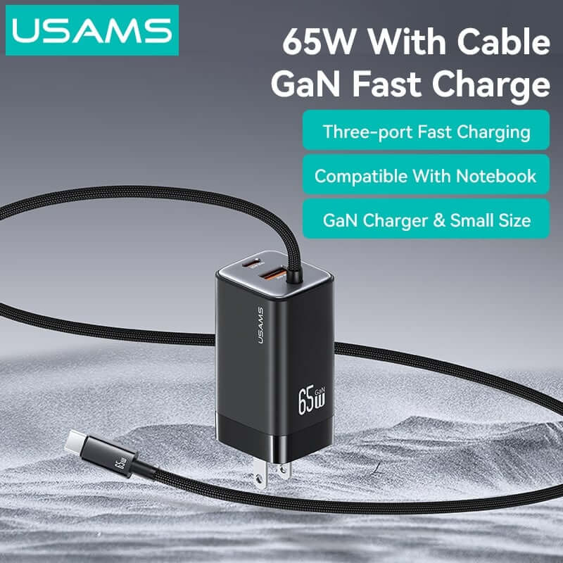 Bộ củ, cáp sạc USAMS CC273 65W GaN ACC 3-port Fast Charger With Type-C Cable (US) – Black + White