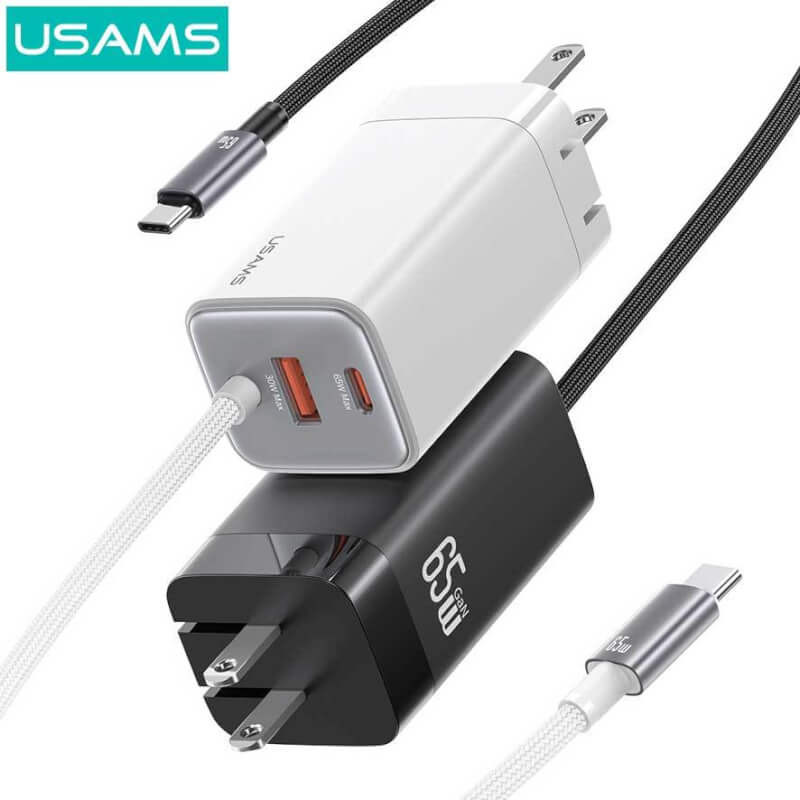 Bộ củ, cáp sạc USAMS CC273 65W GaN ACC 3-port Fast Charger With Type-C Cable (US) – Black + White