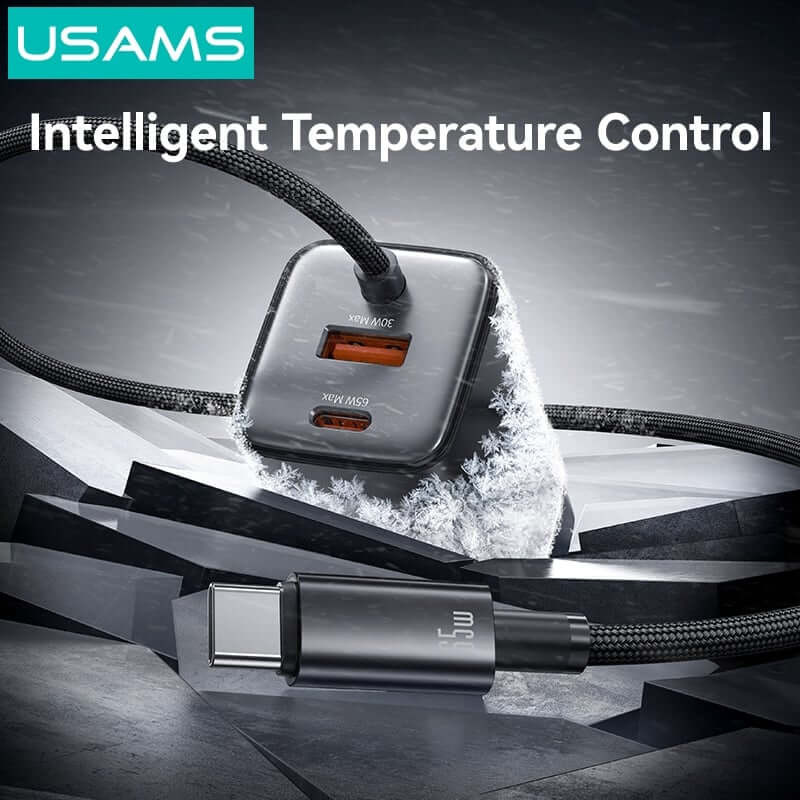 Bộ củ, cáp sạc USAMS CC273 65W GaN ACC 3-port Fast Charger With Type-C Cable (US) – Black + White