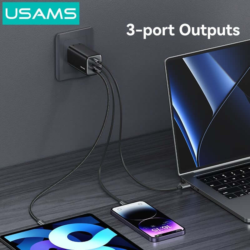 Bộ củ, cáp sạc USAMS CC273 65W GaN ACC 3-port Fast Charger With Type-C Cable (US) – Black + White